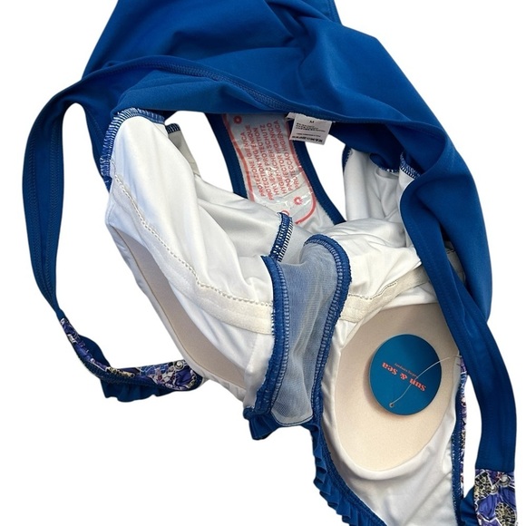 NWT SUN & SEA SEXY BLUE PURPLE PRINT RUFFLE ONE-PIECE SWIMSUIT, SIZE M - Picture 2 of 9